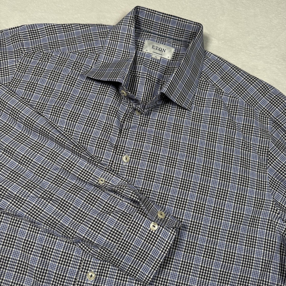 Eton Shirt Mens 18‎ 46 XXL Blue Gingham Contemporary Dress Long Sleeve Button Up